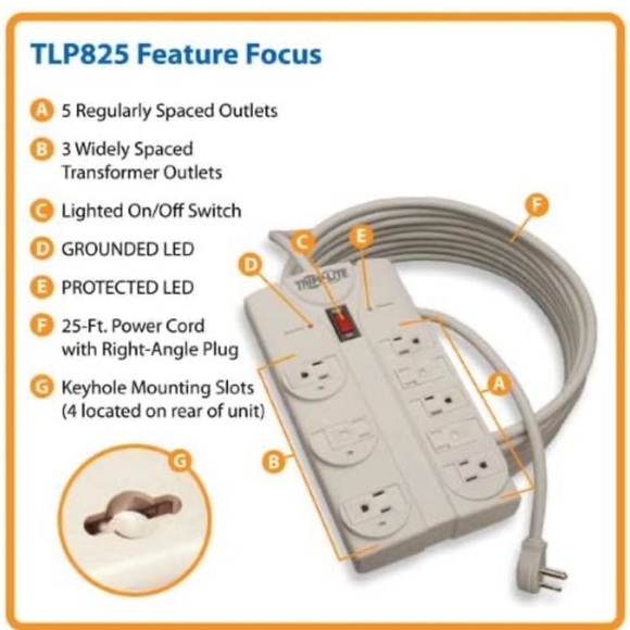 Tripp Lite TLP825 8-Outlet Surge Protector Power Strip, 25 ft. Cord, 1440 Joules - Picture 3 of 6
